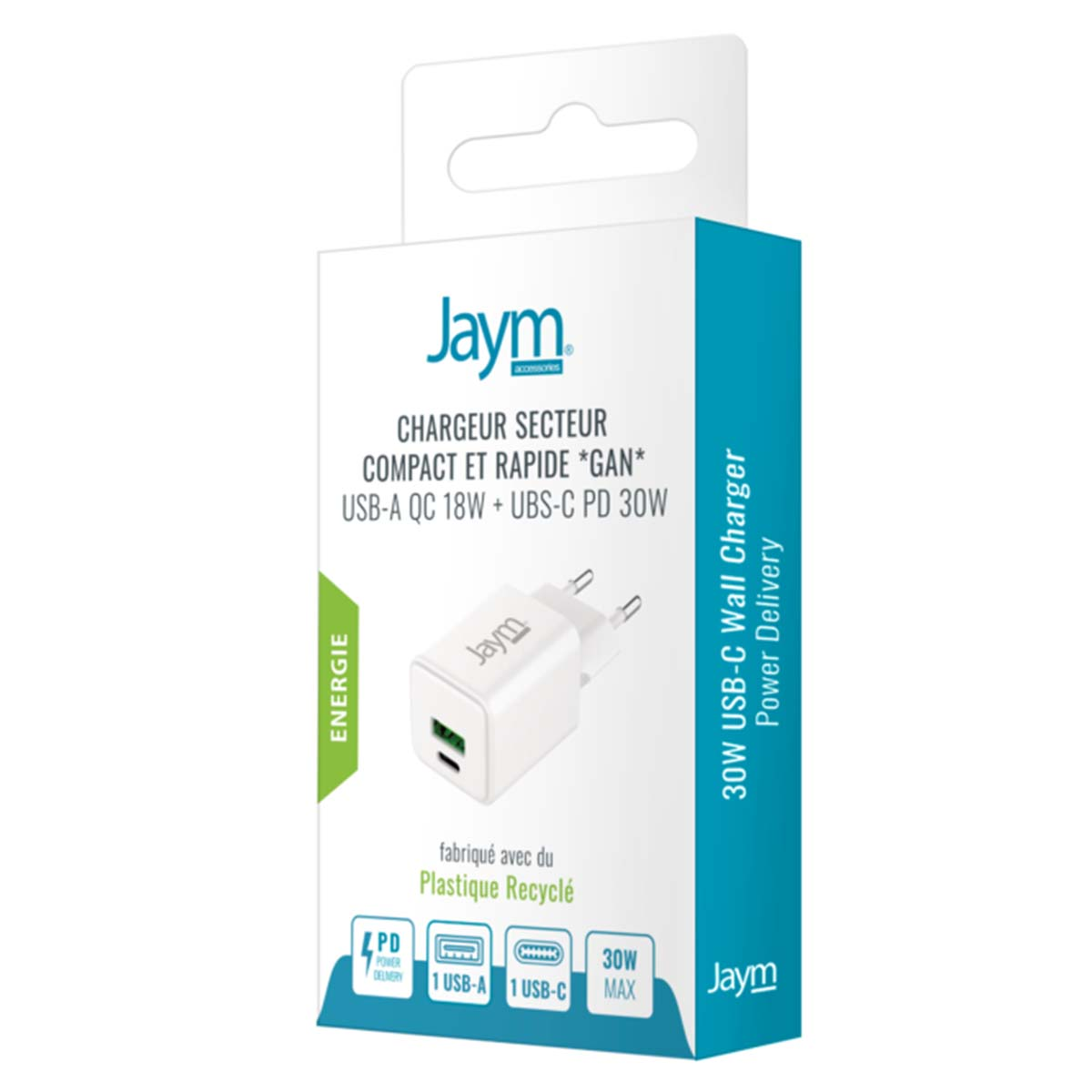 Una scatola bianca e blu con un caricatore. Il testo include 'Jaym', '30W USB-C Wall Charger' e 'Plastique Recyclé'.