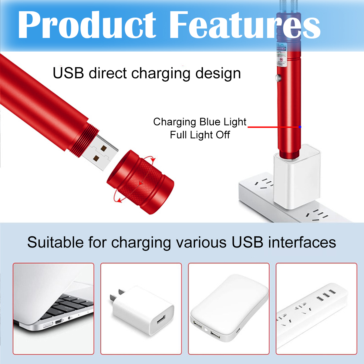 Rotes Gerät, das über USB geladen wird. Text: Produktmerkmale, USB-Direktlade-Design, Geeignet zum Aufladen verschiedener USB-Schnittstellen.