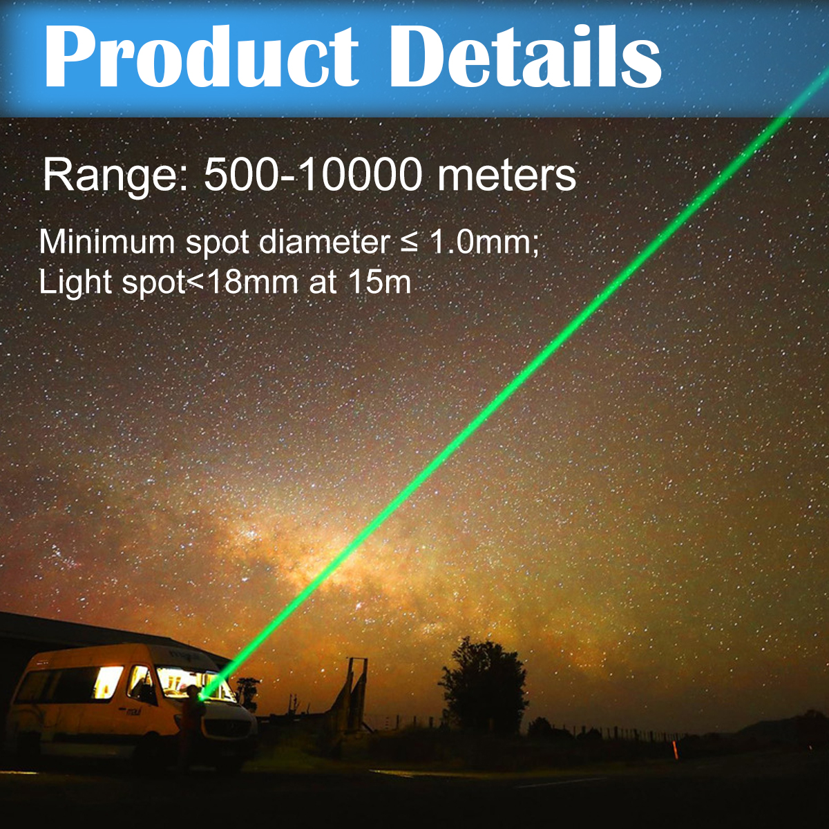 Ein grüner Laserstrahl leuchtet von einem Van in den sternenklaren Nachthimmel. Oben steht 'Produktdetails'.