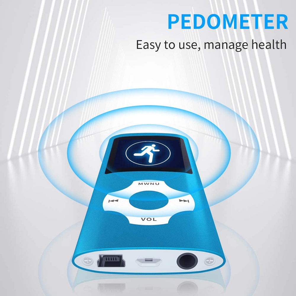 Blauer Schrittzähler mit Bildschirm, der ein Symbol für eine laufende Person anzeigt. Text lautet 'PEDOMETER' und 'Einfach zu bedienen, Gesundheit verwalten'.