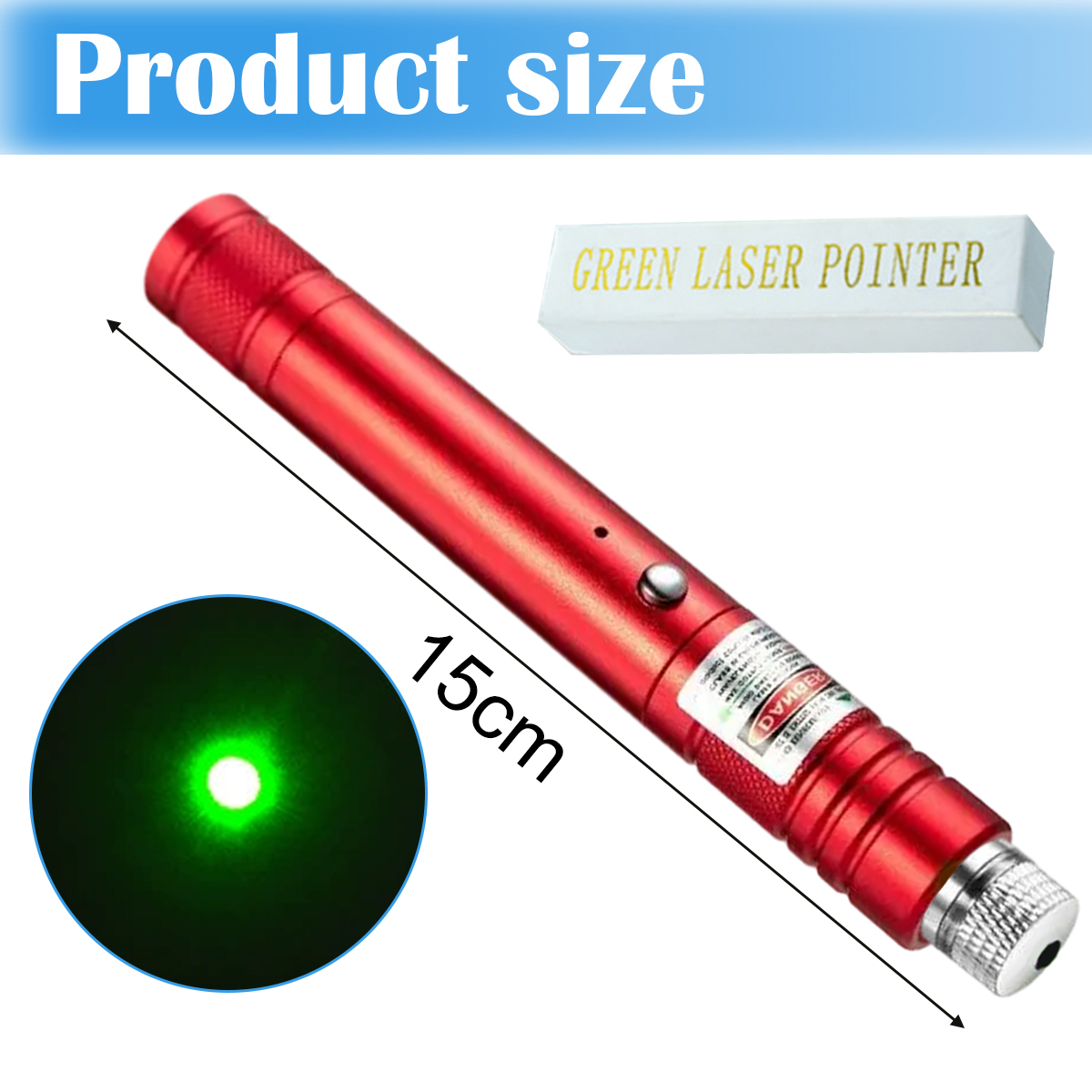 Roter Laserpointer, 15 cm lang, mit grünem Punkt. Eine Schachtel sagt: 'GRÜNER LASERPOINTER'. Produktgröße steht oben.