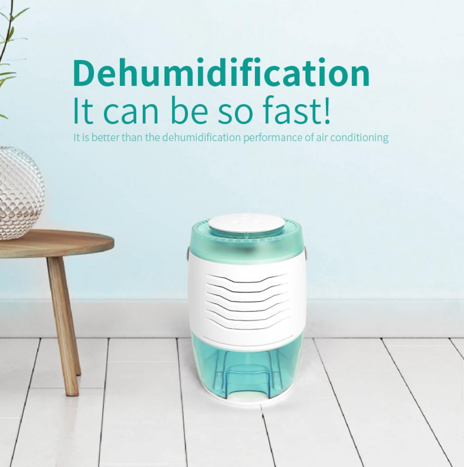 Ein Luftentfeuchter auf weißem Boden mit Text 'Dehumidification, It can be so fast!' auf blauer Wand.