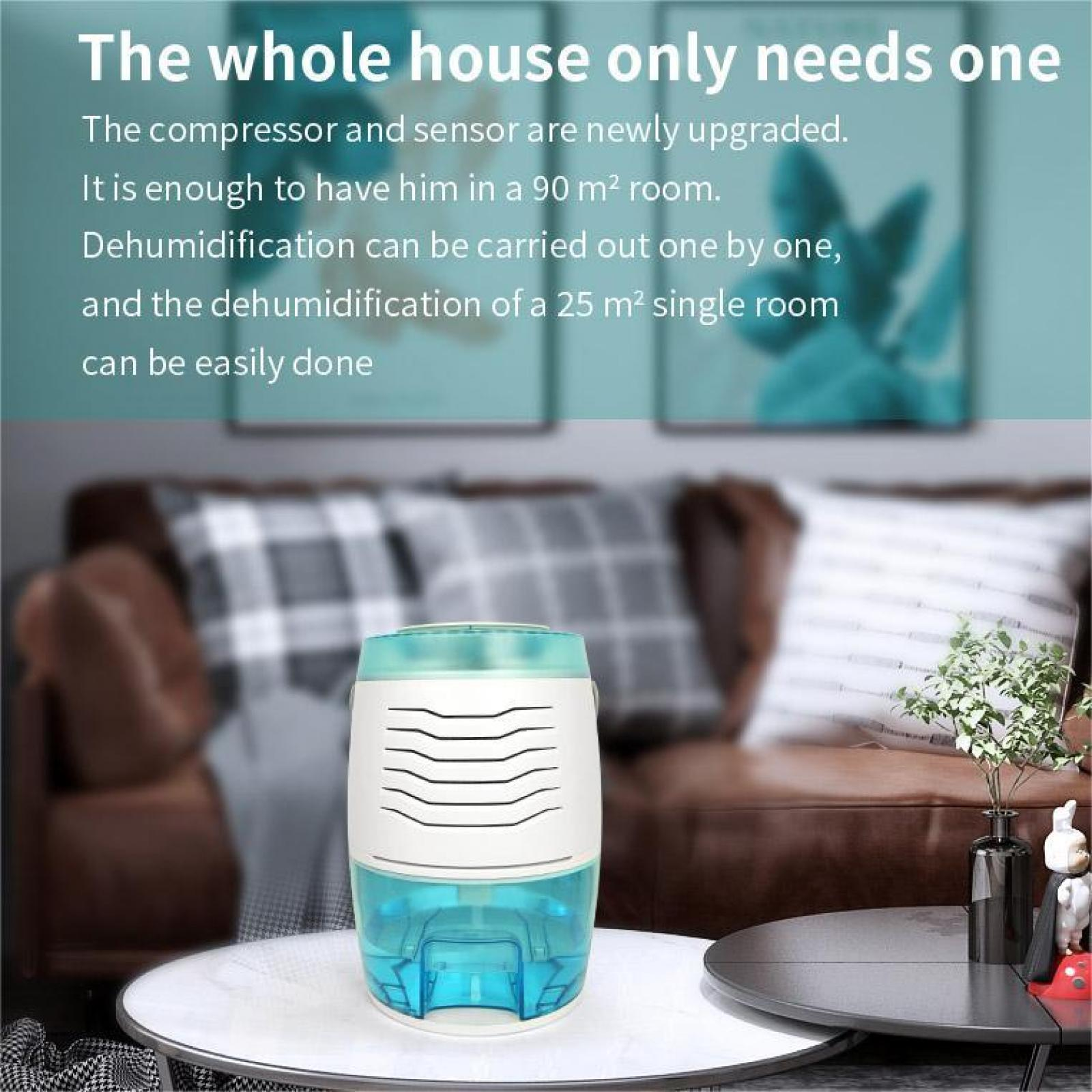 Ein Luftentfeuchter auf einem Tisch. Text oben: Das ganze Haus braucht nur einen. Hintergrund: eine Couch und Gemälde.
