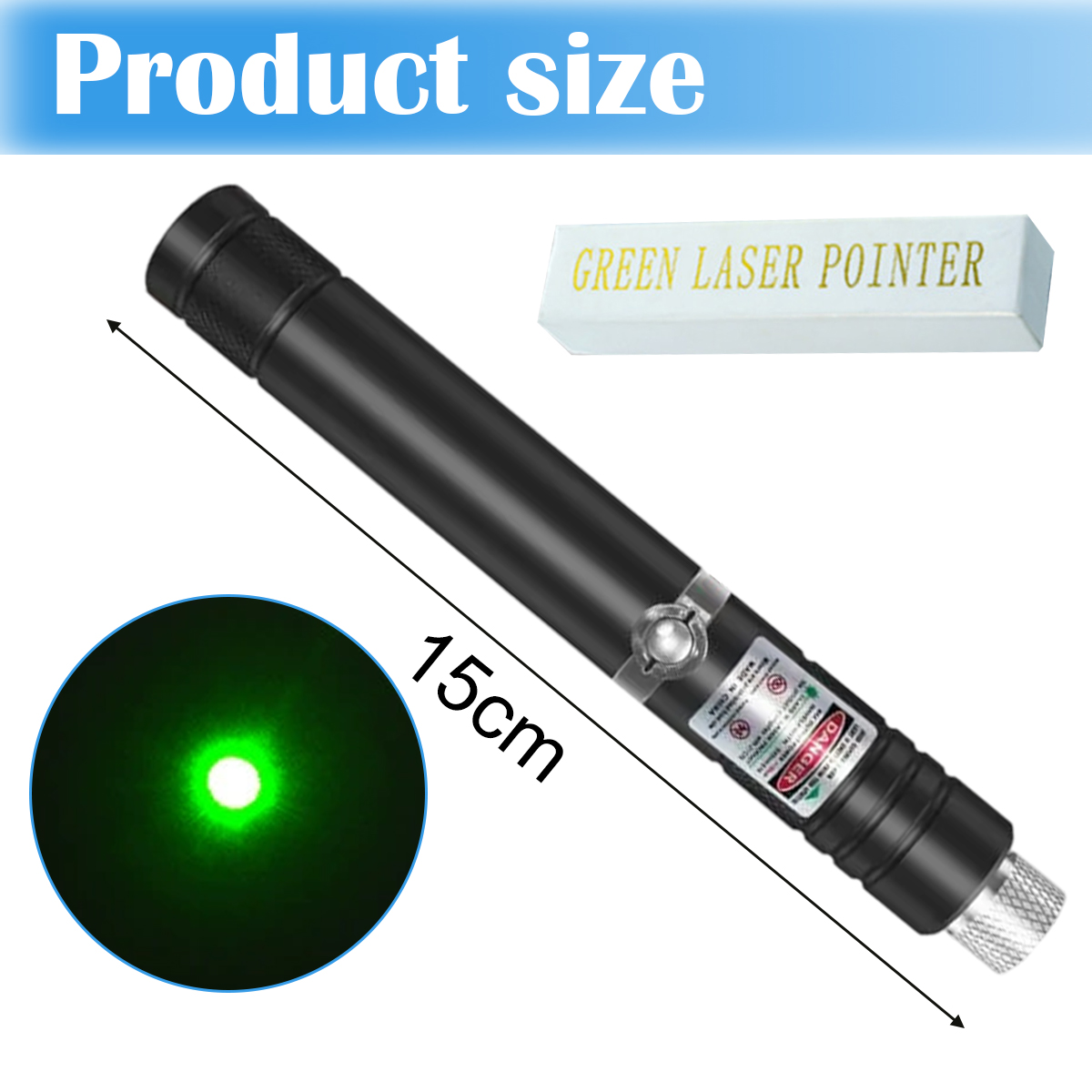 Ein schwarzer Laserpointer mit einem grünen Punkt. Er ist 15 cm lang, mit einer Schachtel mit der Aufschrift 'GREEN LASER POINTER'.