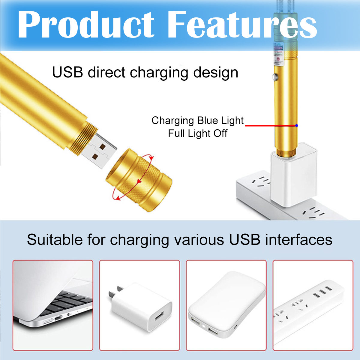 Ein goldfarbener Laserpointer ist an ein weißes Ladegerät angeschlossen. Das Bild zeigt USB-Laden mit verschiedenen Schnittstellen.