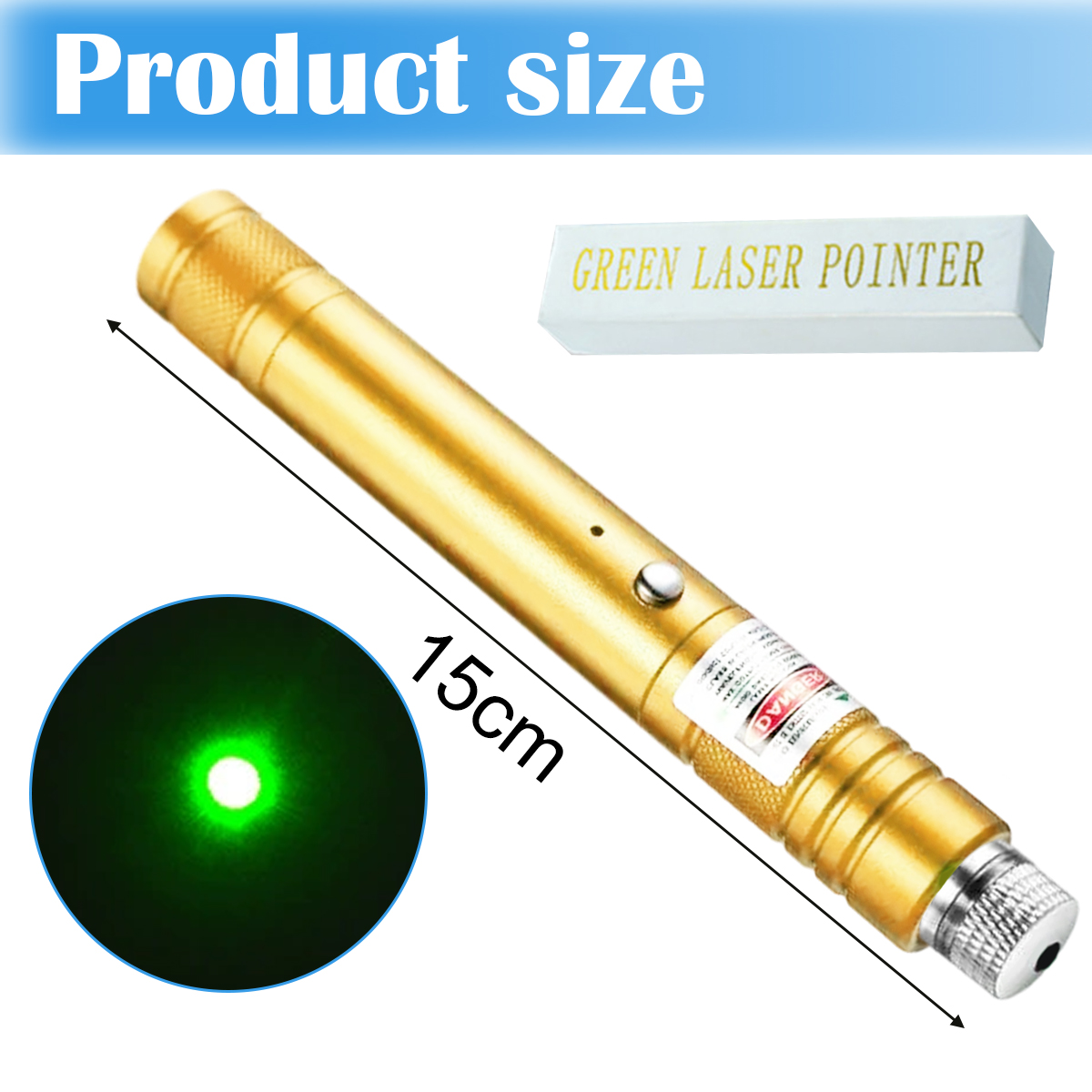 Goldener Laserpointer mit grünem Laserpunkt, 15 cm lang. Auf einer Box steht: GREEN LASER POINTER. Text oben: Produktgröße.