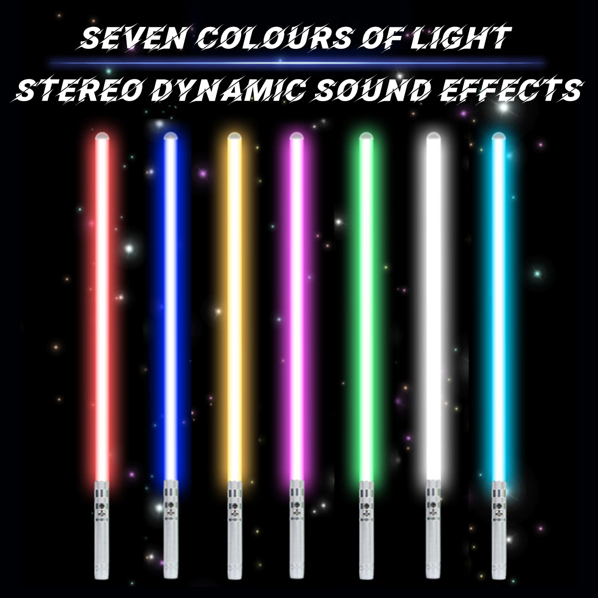 Sieben farbige Lichtschwerter sind vertikal vor einem schwarzen Hintergrund ausgerichtet. Der Text oben lautet 'Seven Colours of Light'.