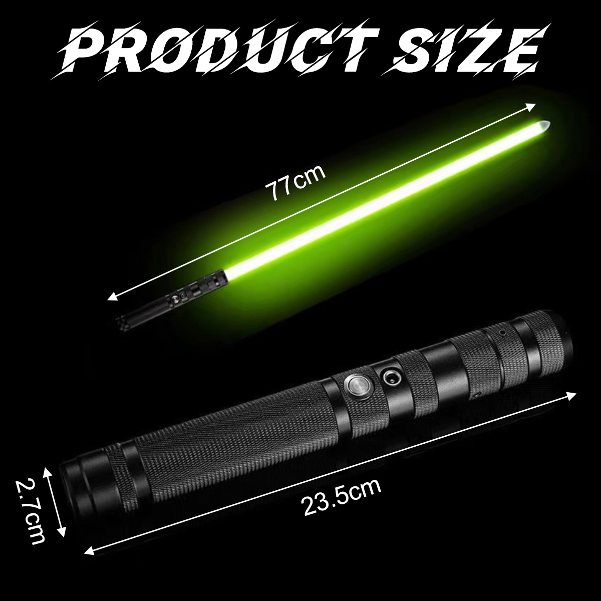 Ein Produktgrößenbild zeigt ein grünes Lichtschwert mit Maßangaben. Die Klinge ist 77 cm lang. Der Griff ist 23,5 cm lang und 2,7 cm breit.
