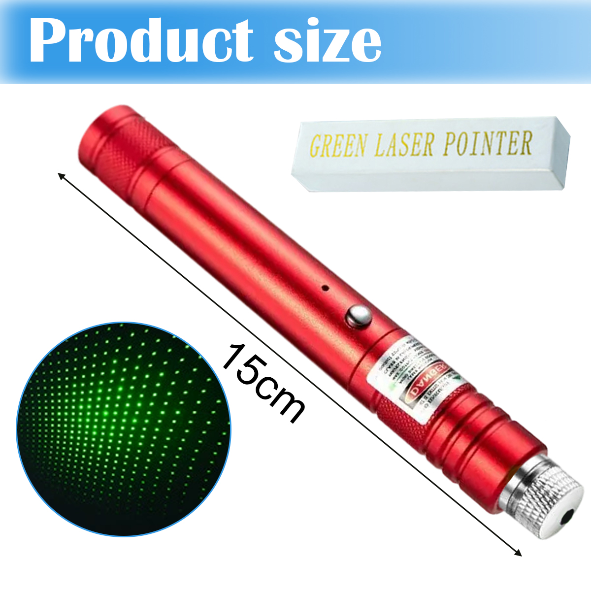 Roter Laserpointer mit grüner Punktanzeige, Schachtel mit der Aufschrift 'Green Laser Pointer' und Text 'Produktgröße 15 cm'.