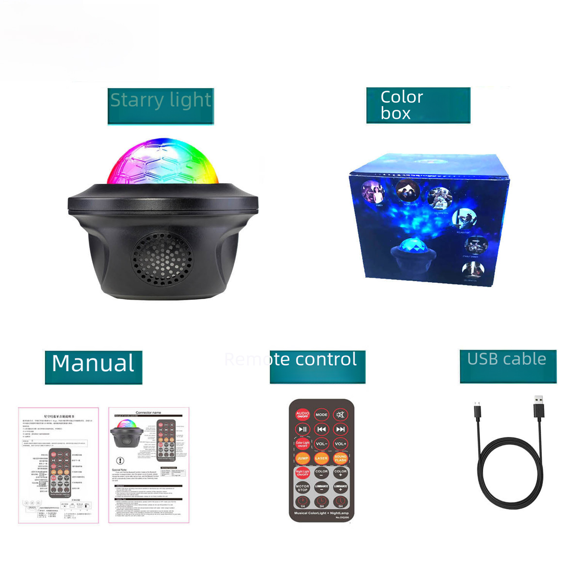 Das Bild zeigt einen Sternenlichtprojektor, eine Farbbox, ein Handbuch, eine Fernbedienung und ein USB-Kabel. Der Projektor zeigt Regenbogenfarben.