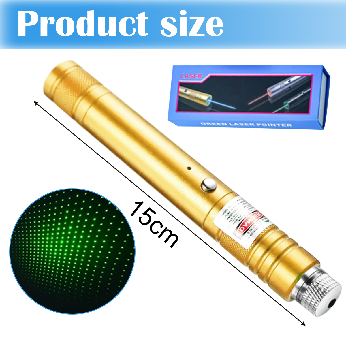 Ein goldfarbener Laserpointer mit einer Länge von 15 cm wird gezeigt. Ein grünes Laserpunktmuster ist in einem Kreis dargestellt. Eine Schachtel mit Laserpointern befindet sich im Hintergrund.