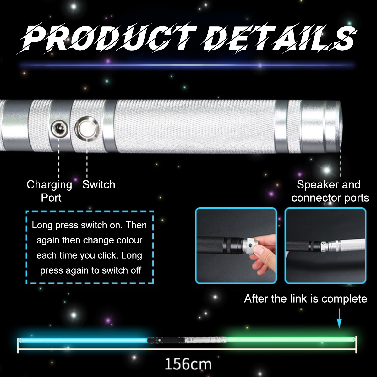 Ein detailliertes Produktbild zeigt ein Lichtschwert mit Beschriftungen wie Ladeanschluss und Lautsprecheranschlüssen. Anweisungen werden ebenfalls angezeigt.