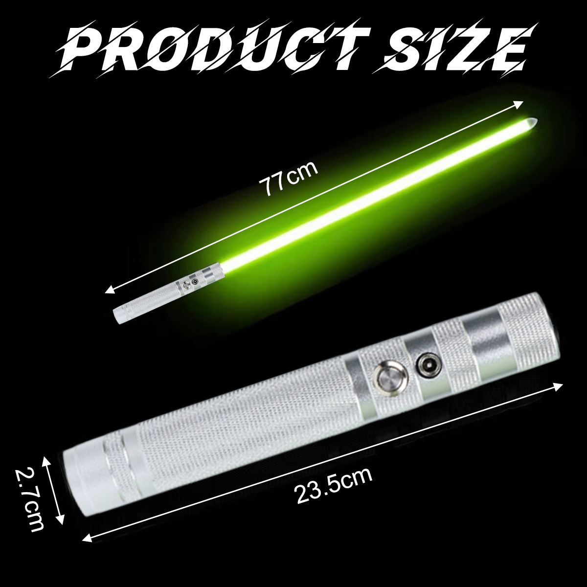 Bild eines grünen Lichtschwerts mit Maßen. Die Klinge ist 77 cm lang, der Griff 23,5 cm lang und 2,7 cm breit.