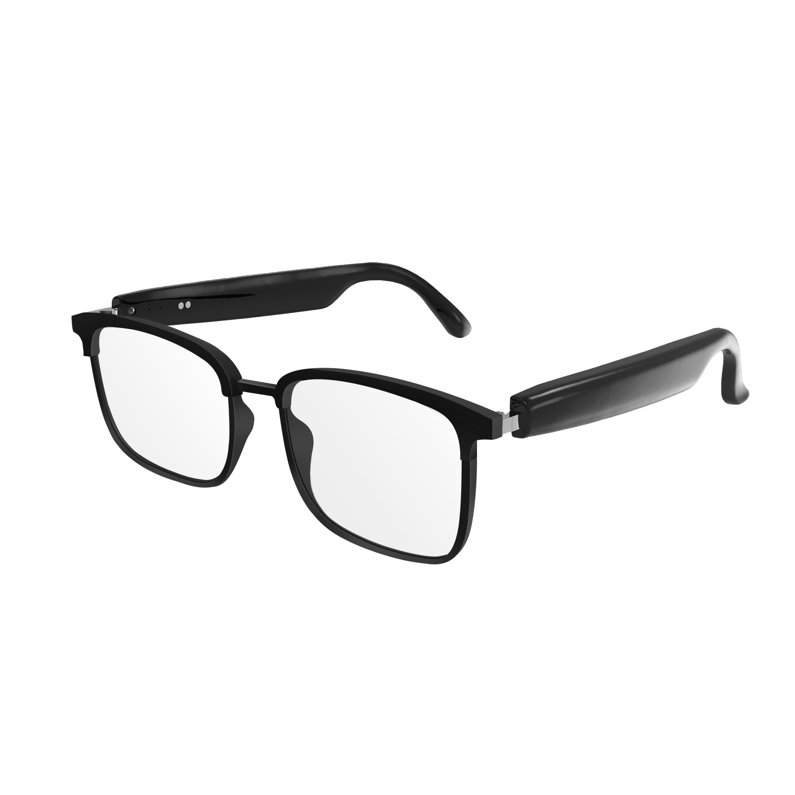 Schwarze Smart-Brille mit klaren Gläsern auf weißem Hintergrund. Die Bügel sind dick und haben kleine Details. Die Brille ist modern.