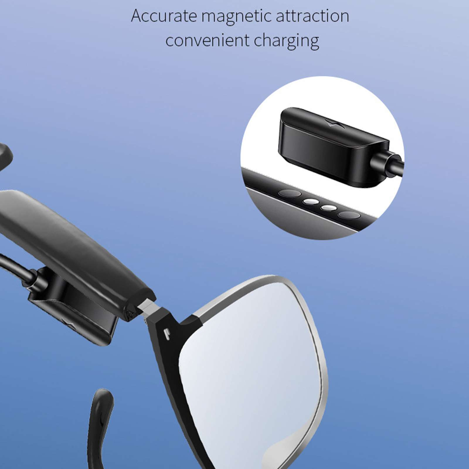 Das Bild zeigt eine Smart-Brille mit einem Ladekabel. Der Text lautet: 'Präzise magnetische Anziehungskraft, bequemes Aufladen'.