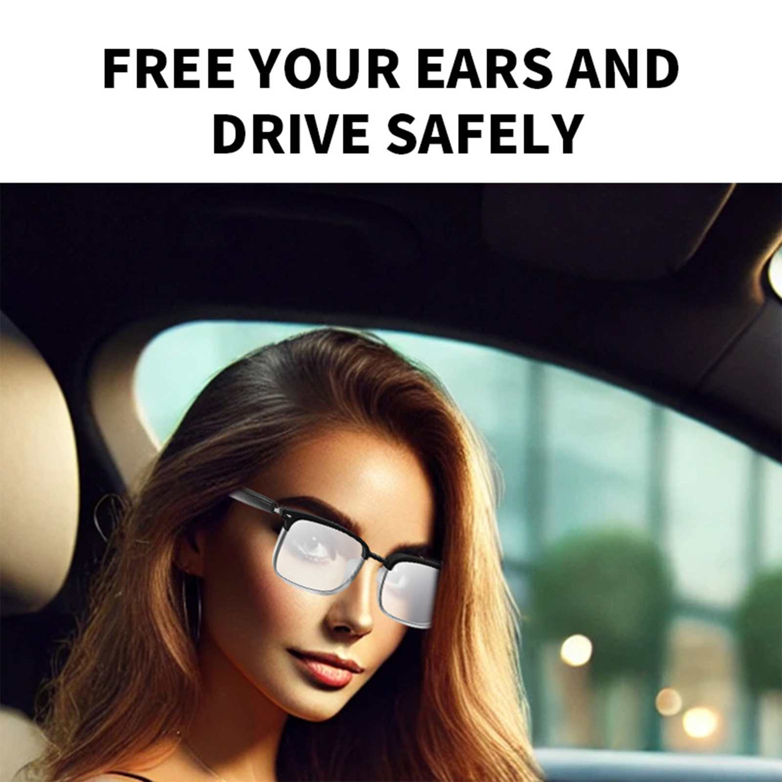 Eine Frau mit Brille in einem Auto. Der Text lautet: BEFREIEN SIE IHRE OHREN UND FAHREN SIE SICHER. Innenraum und grüne Bäume sind sichtbar.