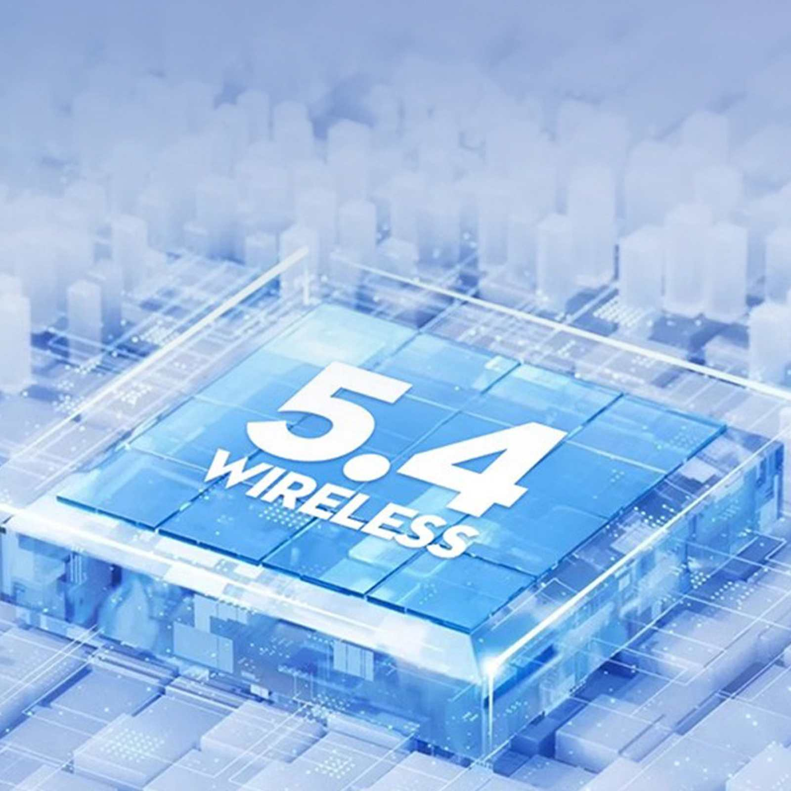 Abstraktes Bild zeigt blaues Quadrat mit '5.4 WIRELESS'. Der Hintergrund hat futuristisches Stadt-Design.