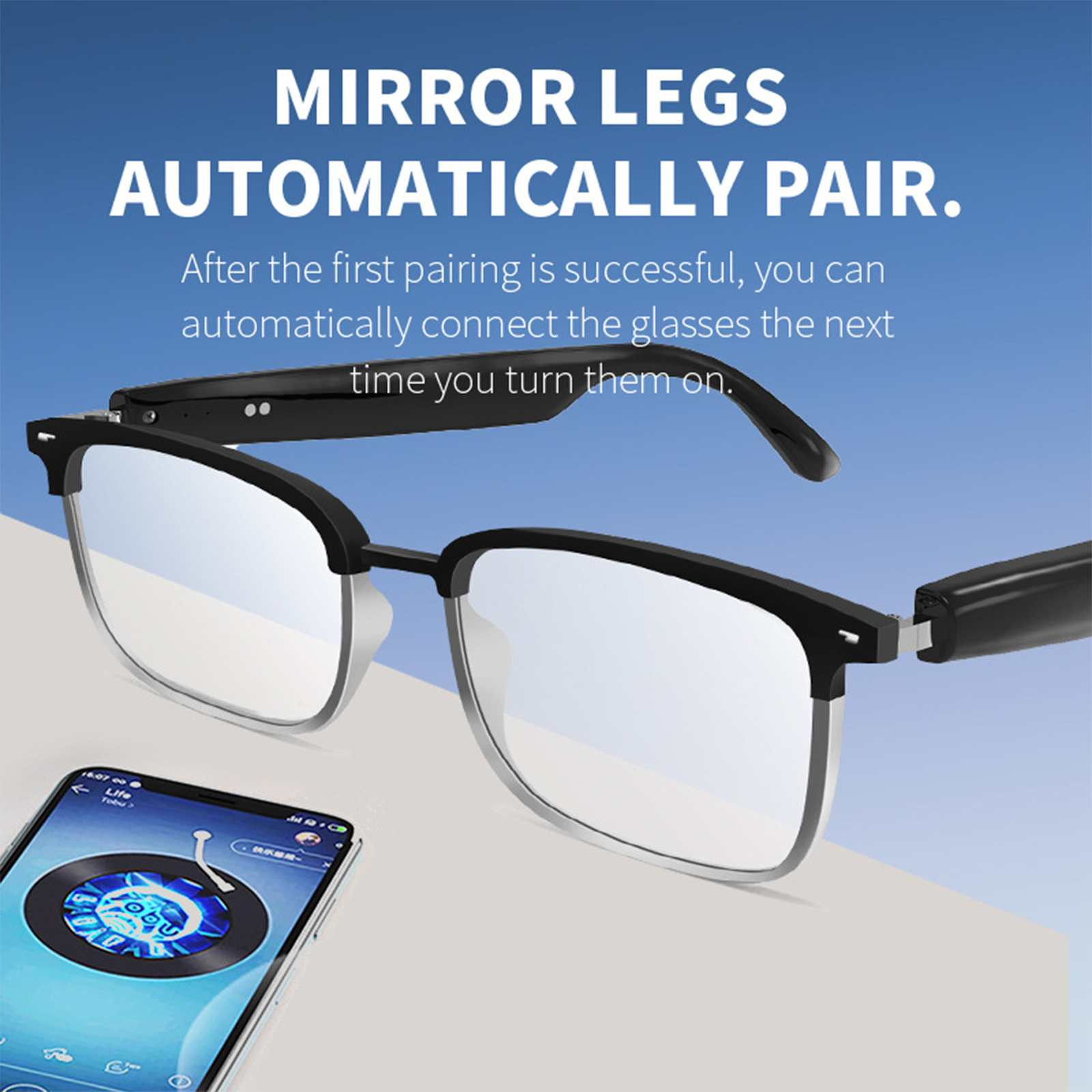 Intelligente Brille mit schwarzem Rahmen, Smartphone mit Musik und Text: "Mirror Legs automatisch koppeln".