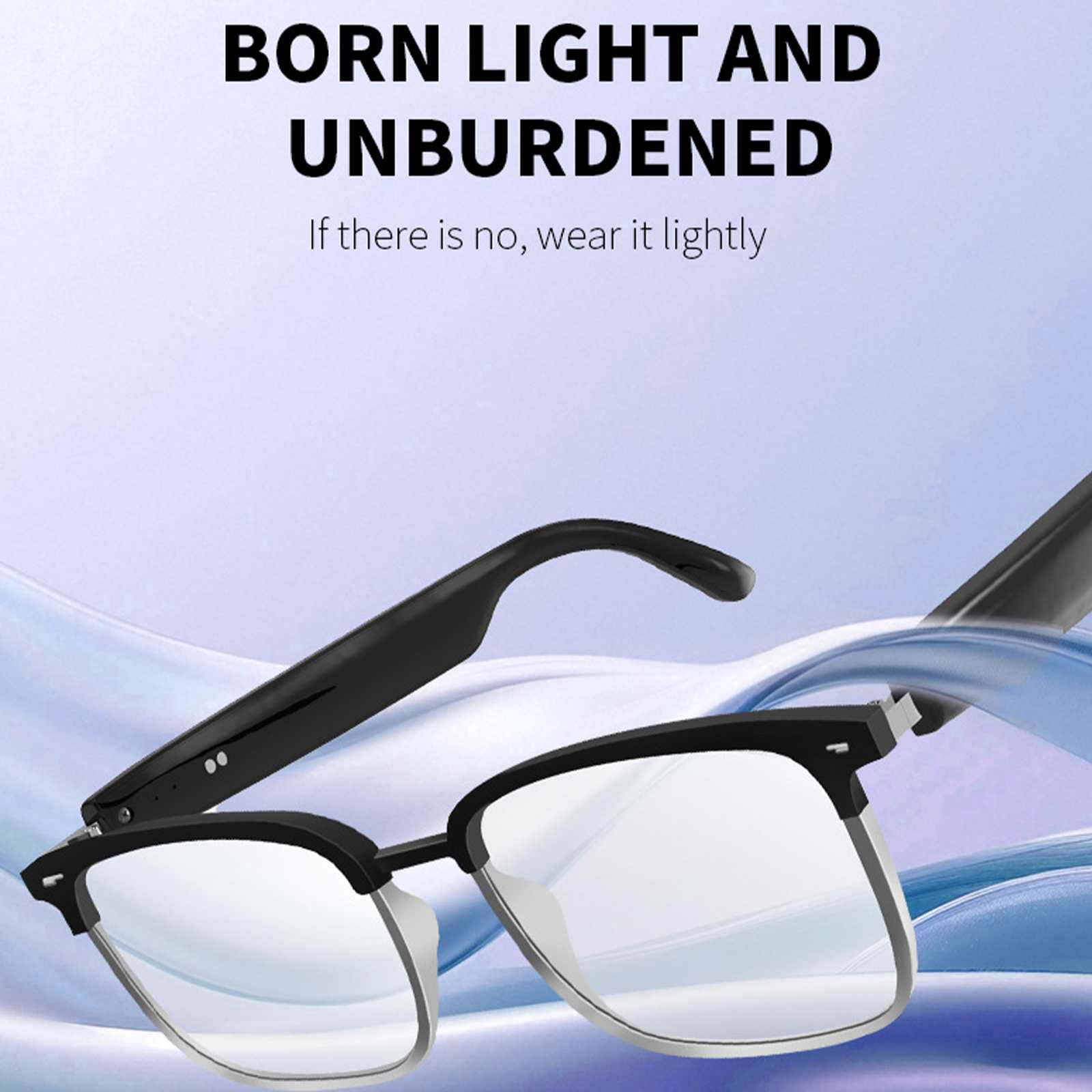 Schwarz gerahmte Brille mit klaren Gläsern. Text oben: BORN LIGHT AND UNBURDENED. Hintergrund hellblau und weiß.