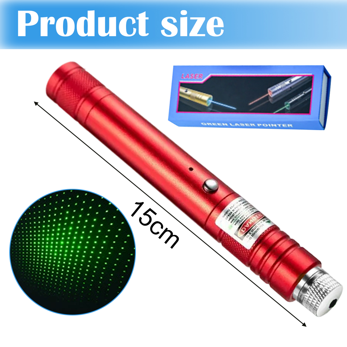Roter Laserpointer, 15 cm lang, mit grünem Punktmuster und Produktbox. Der Text 'Produktgröße' steht oben.