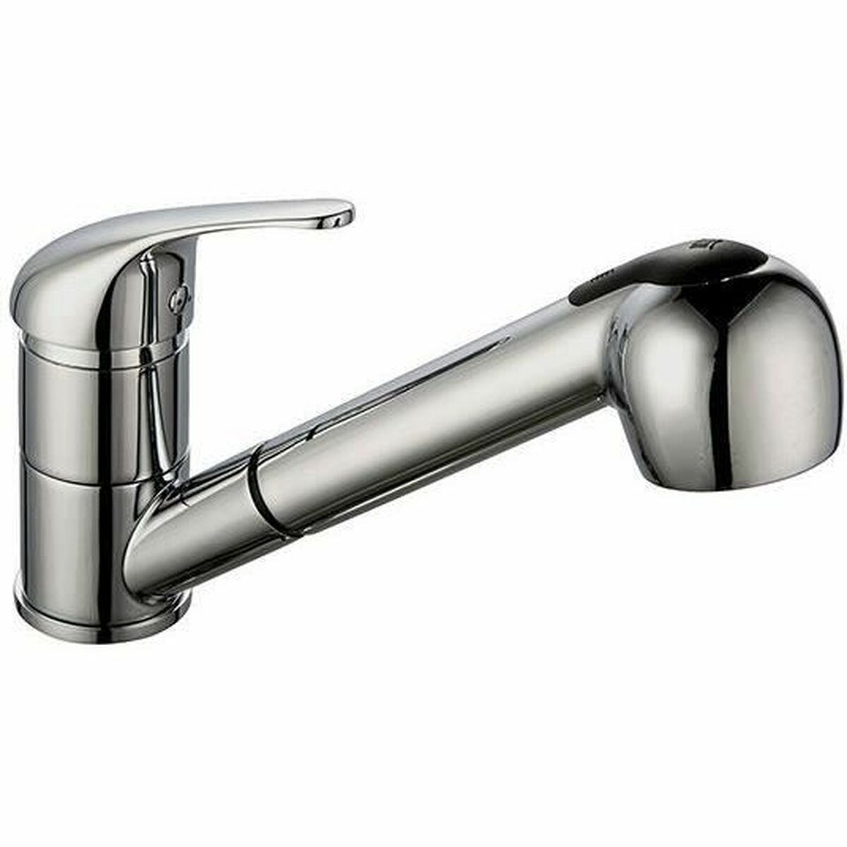 Un rubinetto da cucina cromato con spruzzatore estraibile. Ha un design elegante con un beccuccio curvo e un pulsante nero sulla testa.