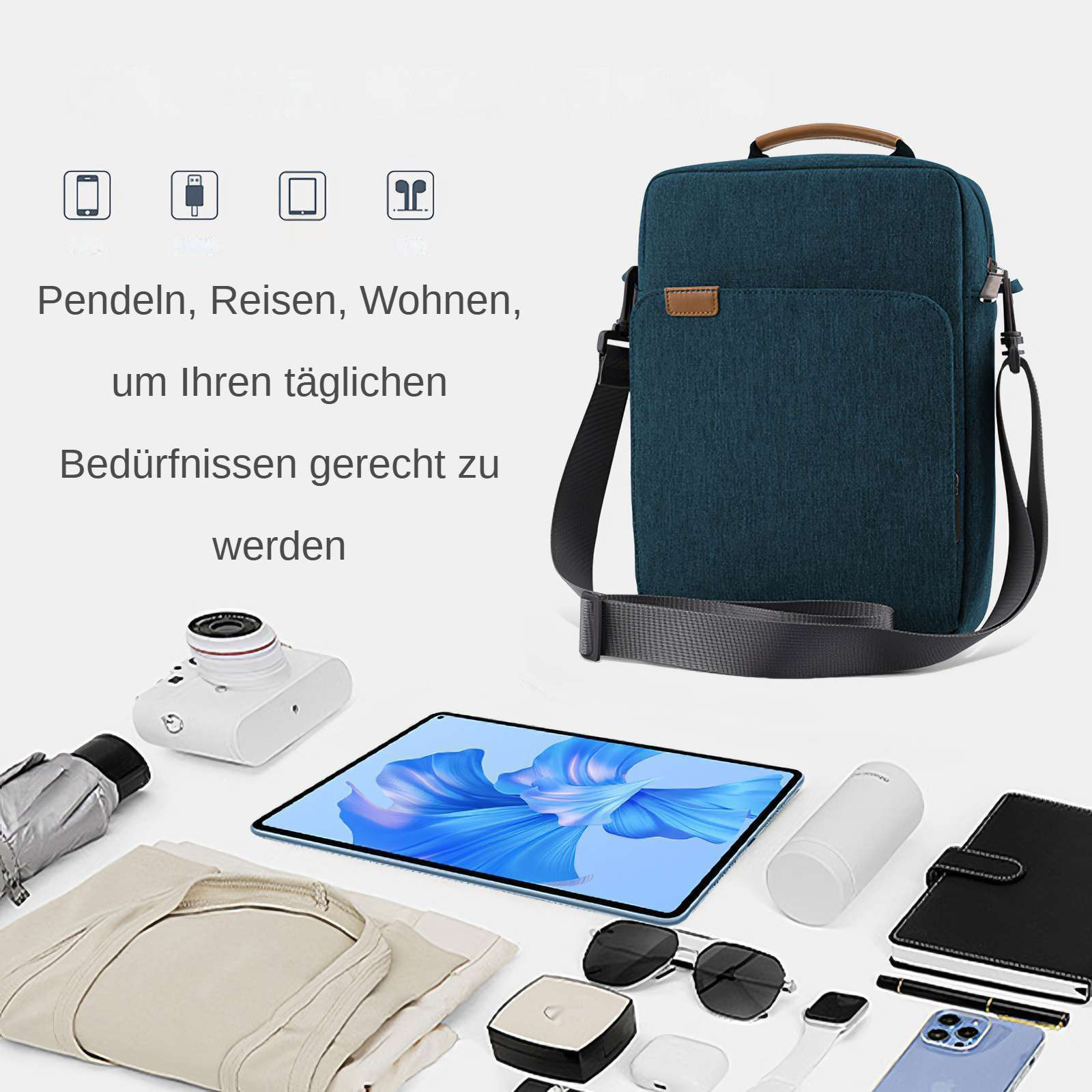 Eine teal Tasche mit Zubehör wie Tablet, Kamera, Sonnenbrille und Telefon. Text: Pendeln, Reisen, Wohnen.