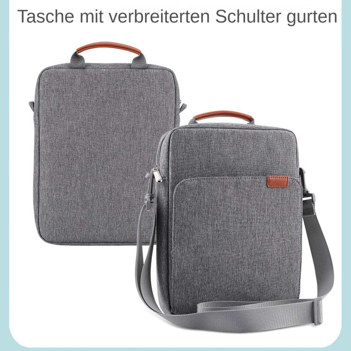 Zwei graue Messenger-Taschen mit braunen Griffen und Akzenten. Eine Tasche hat einen Schultergurt. Der Hintergrund ist weiß mit blauem Rand.