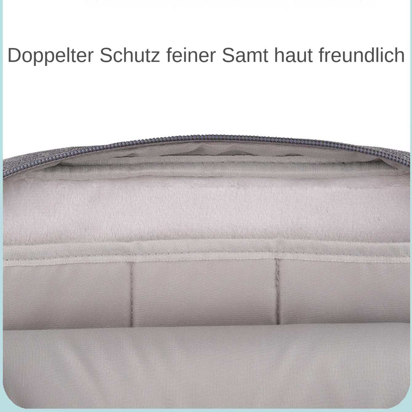 Nahaufnahme eines grauen Laptop-Hüllen-Innenraums. Es hat ein weiches, flauschiges Futter und eine gepolsterte, strukturierte Außenschicht. Die Oberseite hat einen Reißverschluss.