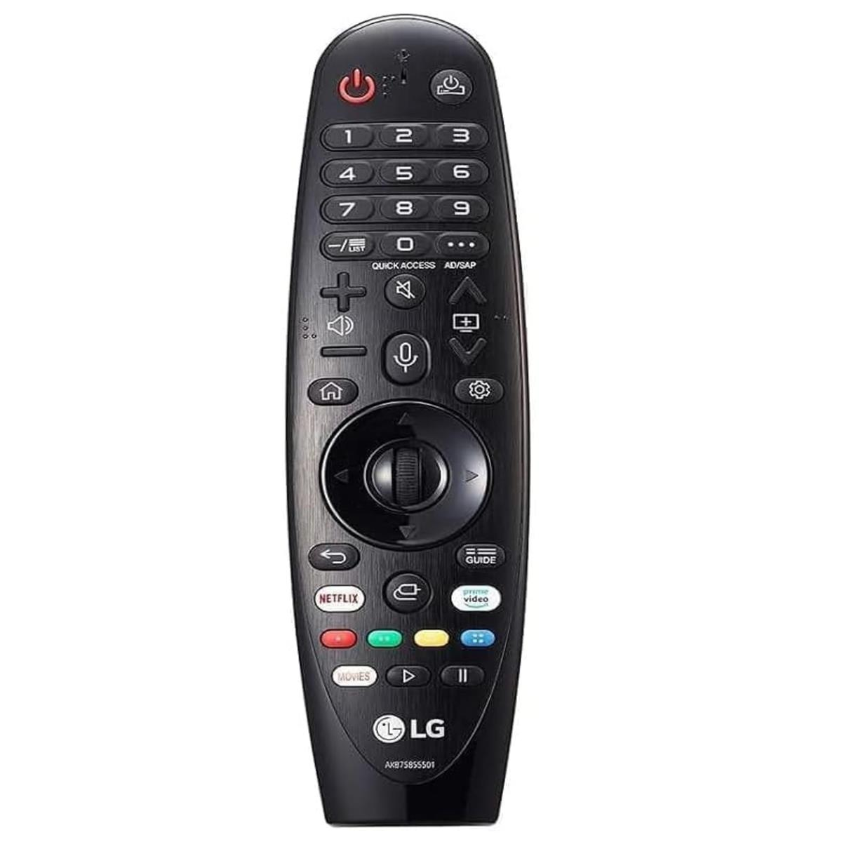 Eine schwarze LG-TV-Fernbedienung. Sie hat verschiedene Tasten für Strom, Zahlen, Lautstärke, Netflix und andere Funktionen, auf weißem Hintergrund.