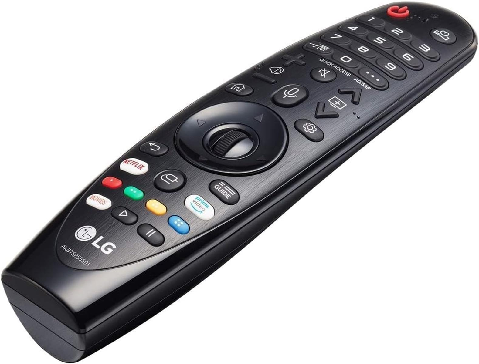 Schwarze LG TV-Fernbedienung. Zu den Tasten gehören Netflix, Movies, Guide und Zifferntasten. Ein zentrales Rad ist vorhanden.