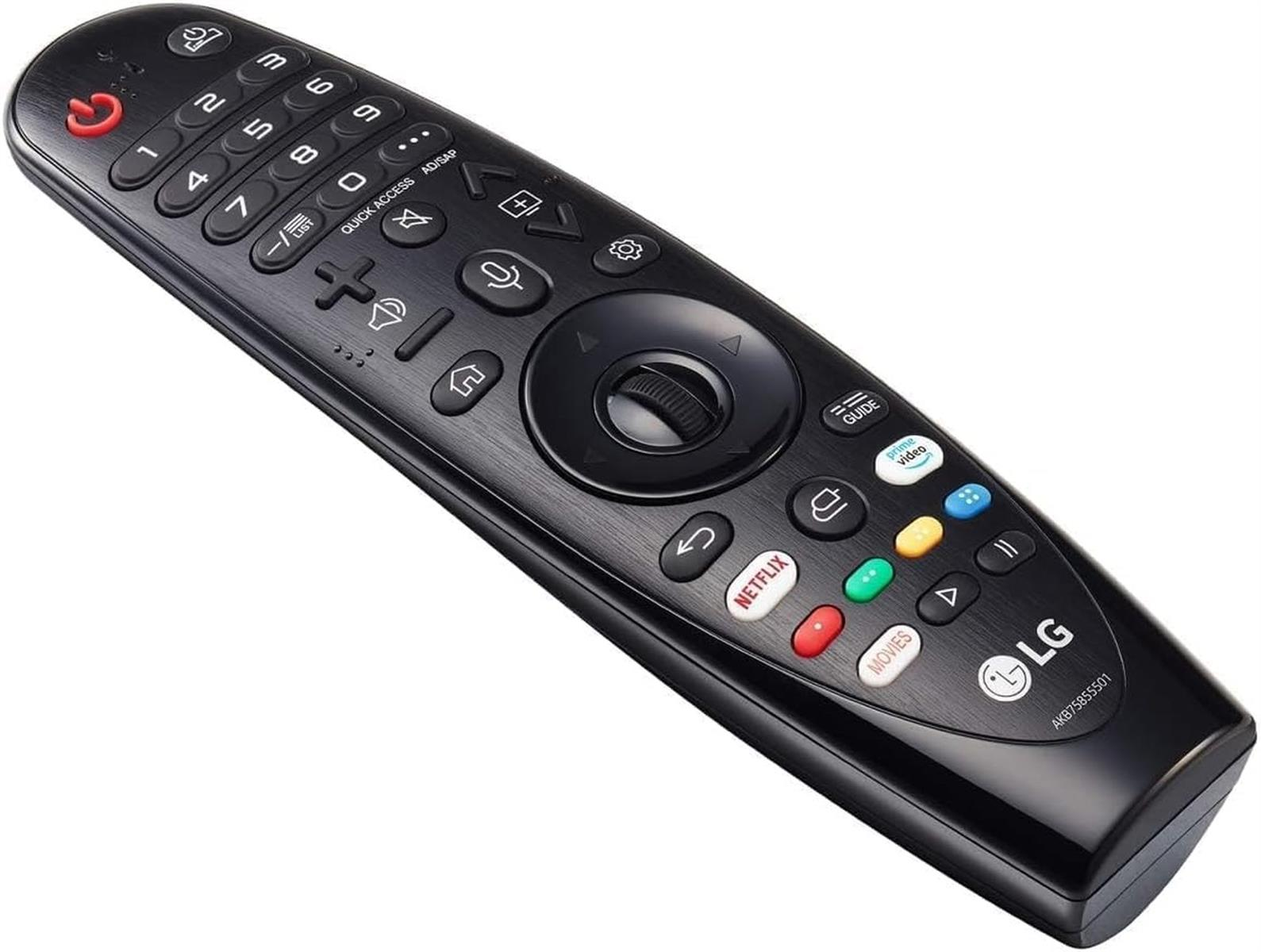 Eine schwarze LG TV-Fernbedienung mit verschiedenen Tasten, darunter Zifferntasten, Lautstärkeregler und Streaming-Dienst-Tasten.