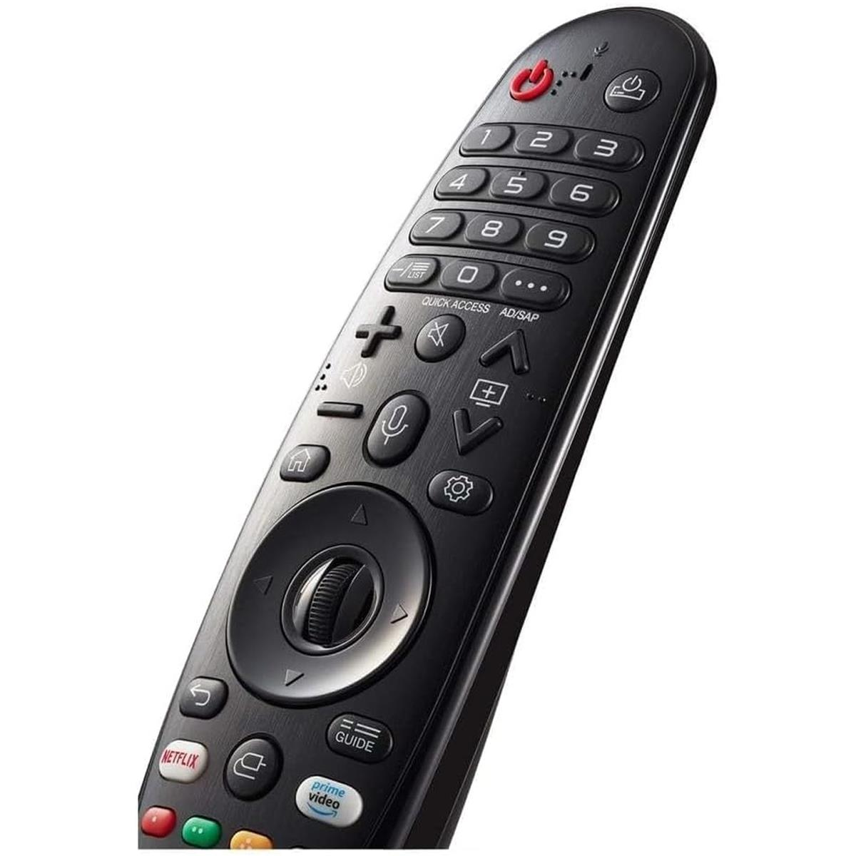 Eine schwarze LG TV-Fernbedienung. Sie hat viele Tasten, darunter Zahlen, Lautstärke und App-Verknüpfungen.