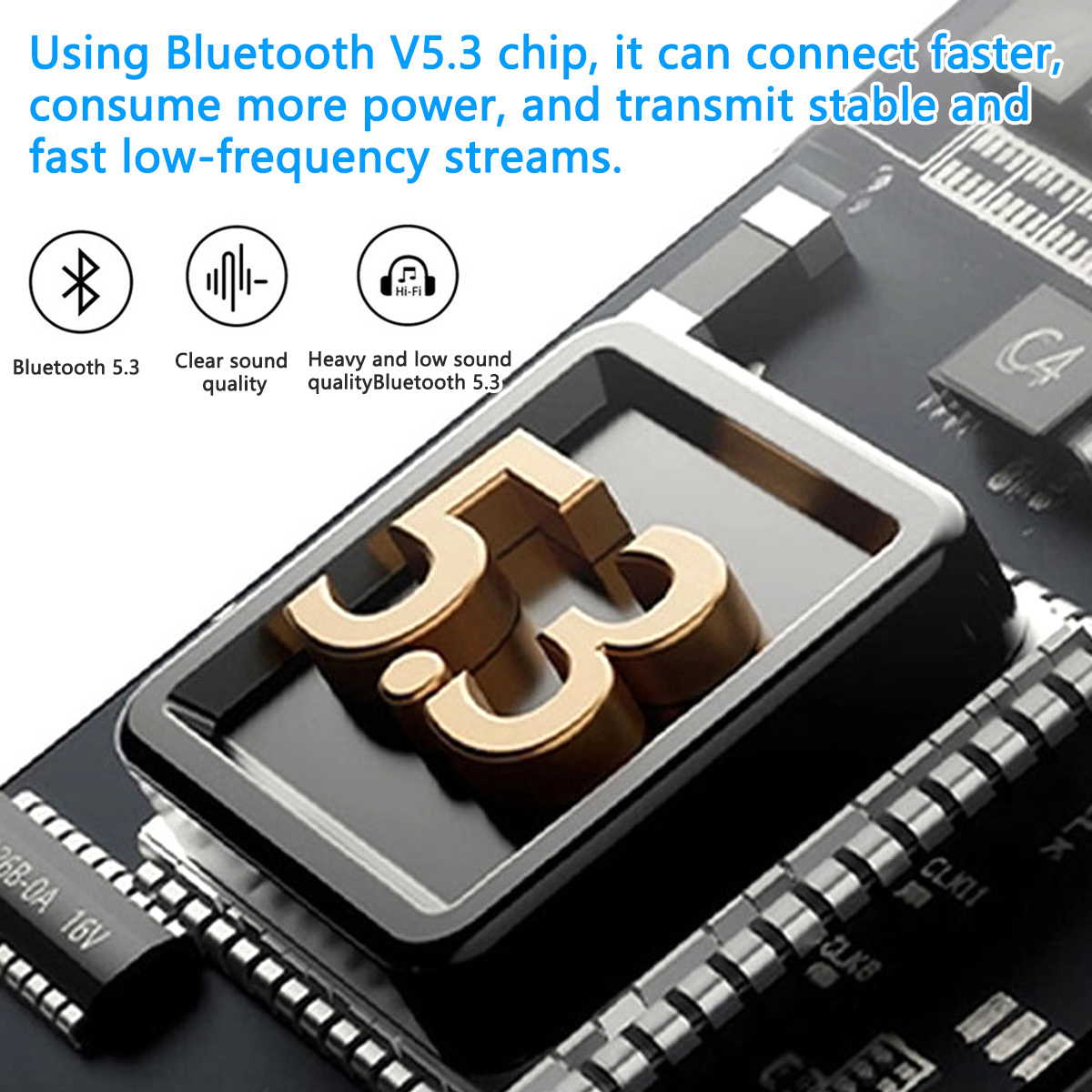 Das Bild zeigt einen Bluetooth 5.3 Chip mit Symbolen und Text. Eine große '53' befindet sich im Vordergrund. Der Hintergrund hat Details der Leiterplatte.