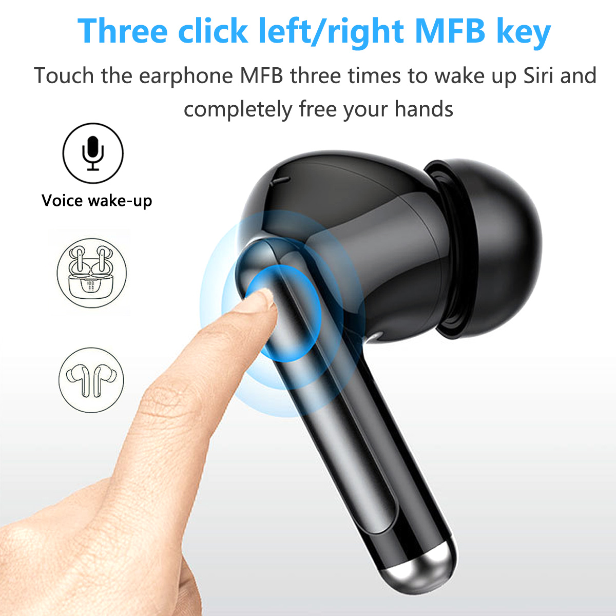 Ein Finger berührt einen schwarzen Ohrhörer mit einer Siri-Weckanweisung. Sprachaktivierungs- und Kopfhörersymbole sind sichtbar.