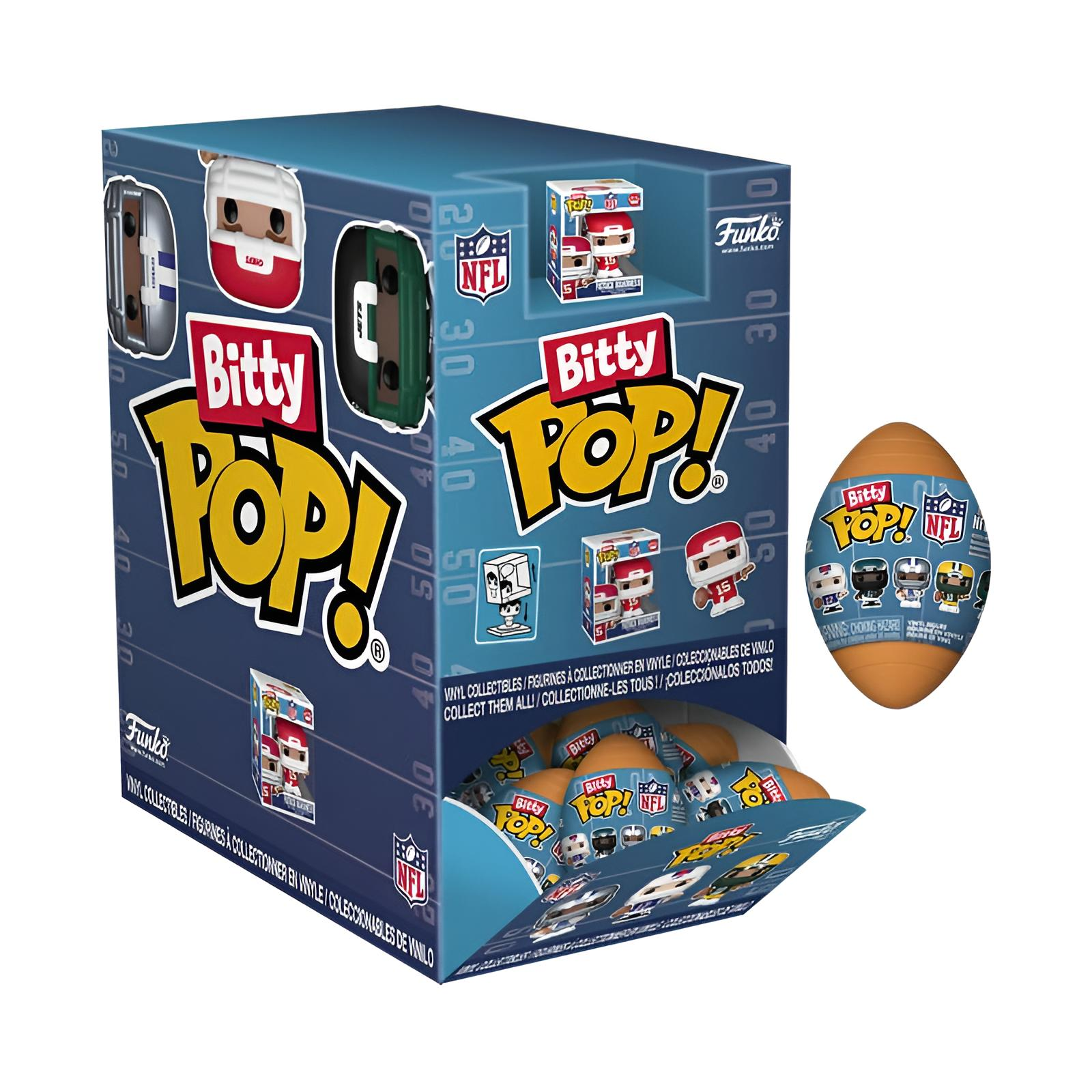 Karton mit Bitty Pop! NFL-Figuren. Box und eiförmiger Behälter mit Logo und Miniaturfiguren der Marke.