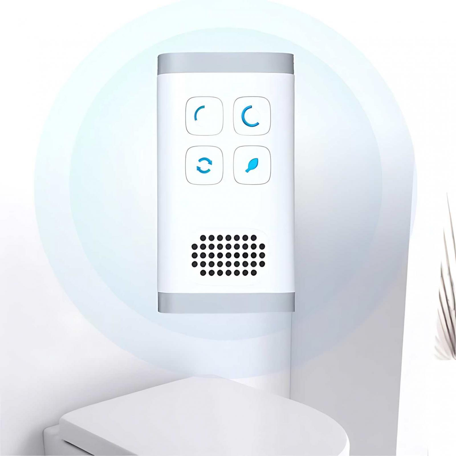 Weißes Gerät an einer Wand über einer Toilette. Es hat Knöpfe mit Symbolen und einen Lautsprecherbereich mit kleinen Löchern.