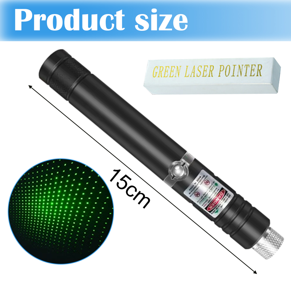 Ein schwarzer Laserpointer mit grüner Laserpunktanzeige, eine weiße Schachtel mit der Aufschrift 'GREEN LASER POINTER' und eine 15 cm Größenangabe.