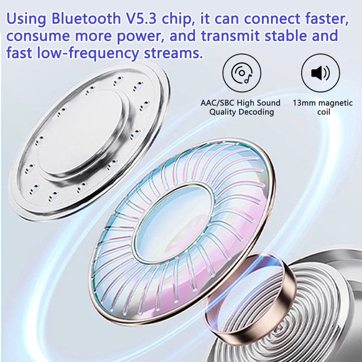 Ein Bild, das die Komponenten eines Kopfhörers zeigt. Es gibt mehrere metallische Teile, eine Spule und Text, der Bluetooth und Klangqualität erwähnt.