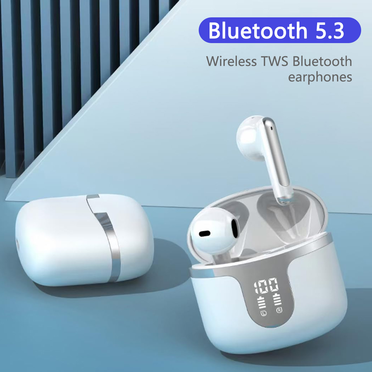 Weiße kabellose Ohrhörer mit Ladeetui. Das Etui ist geöffnet und zeigt die Ohrhörer. Text: Bluetooth 5.3, Wireless TWS Bluetooth-Kopfhörer.