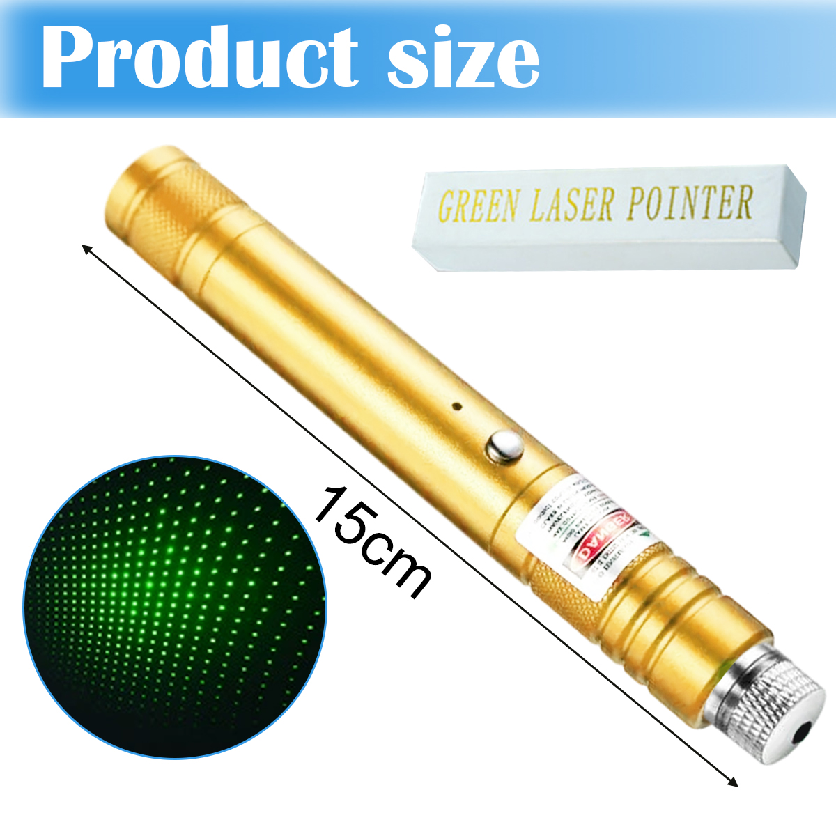 Ein goldener Laserpointer mit einer Messung von 15 cm. Das Bild zeigt ein grünes Laserpunktmuster und eine Box mit der Aufschrift 'GREEN LASER POINTER'.
