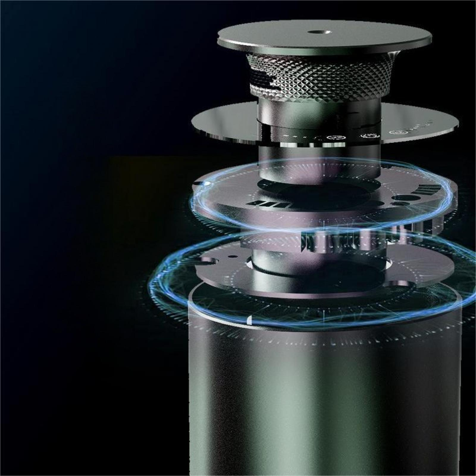 Detaillierte Ansicht eines mechanischen Geräts mit mehreren kreisförmigen Komponenten und einer strukturierten Oberseite. Blaue Lichtmuster umgeben Teile.