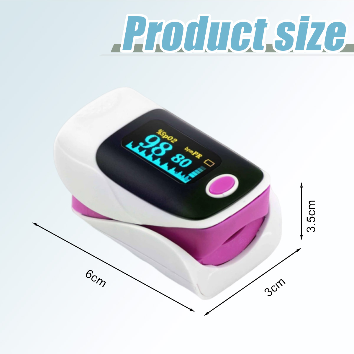 Ein Finger-Pulsoximeter zeigt SpO2 und BPM an. Abmessungen sind 6cm x 3cm x 3,5cm. Es ist weiß und rosa mit einem schwarzen Bildschirm.