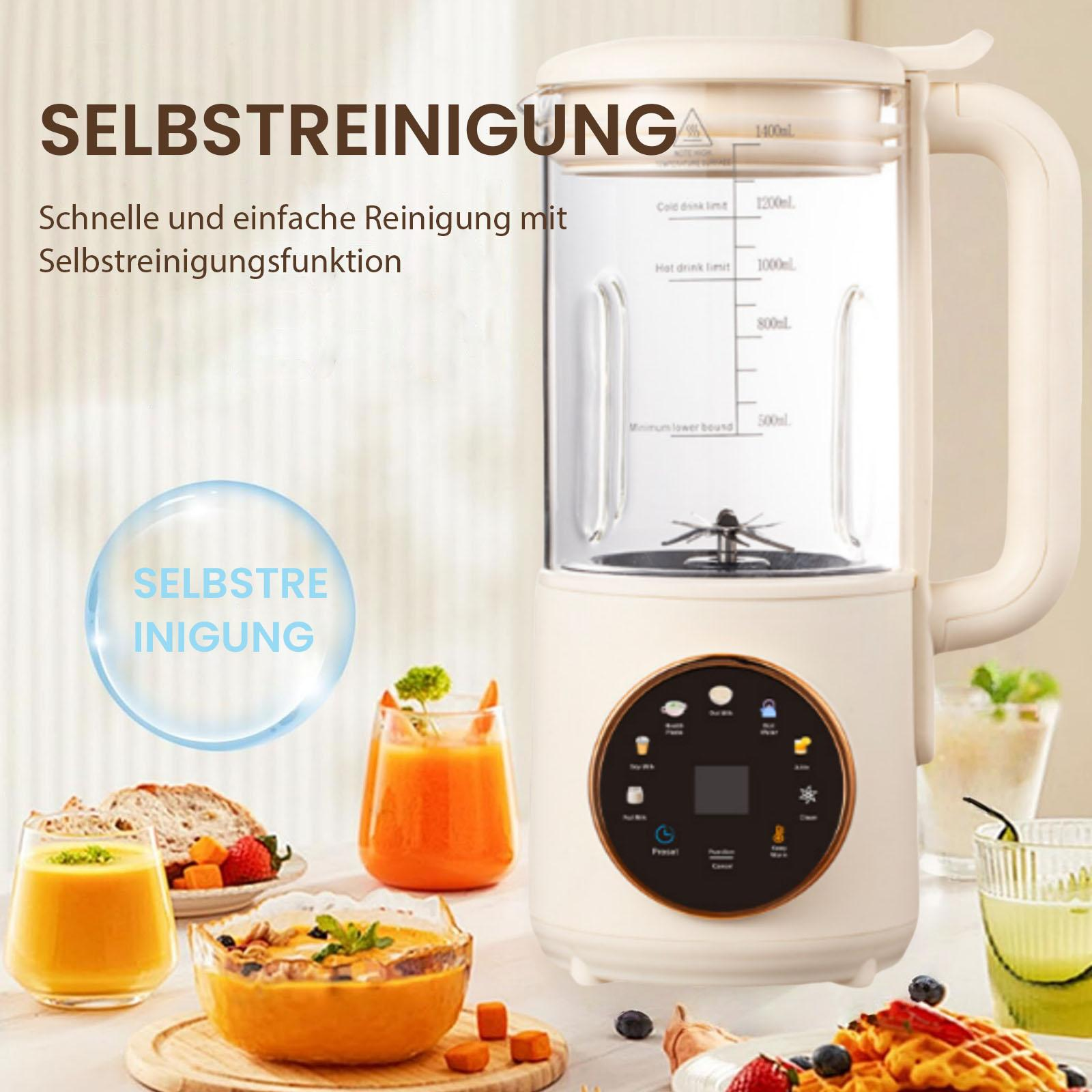 Mixer mit Getränken, Früchten und Waffeln. Text sagt 'Selbstreinigung'. Mit Knöpfen und Flüssigkeitsmarkierungen.