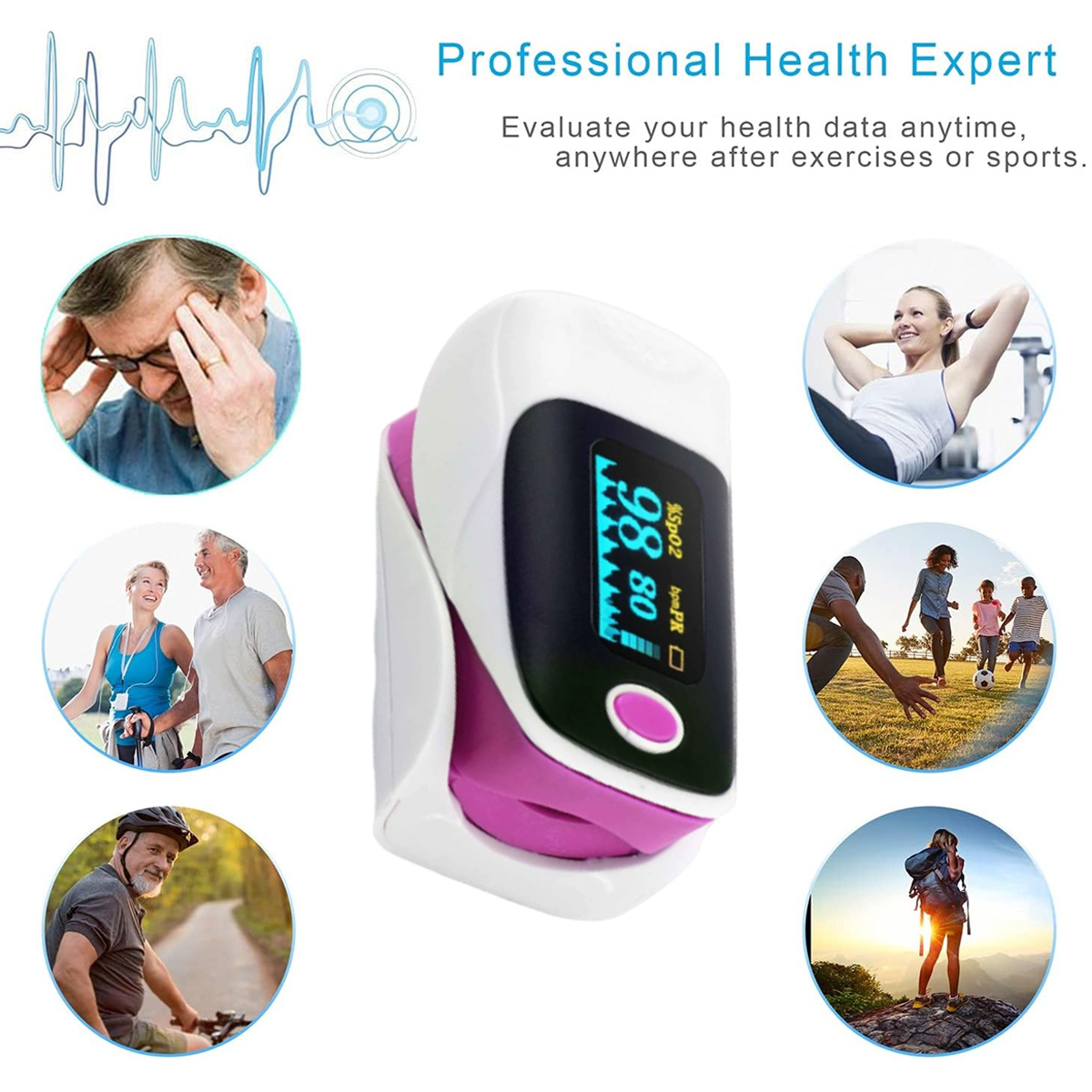 Ein Pulsoximeter mit Anzeigen ist von Bildern von Menschen umgeben, die Sport treiben und Gesundheitsprobleme haben.