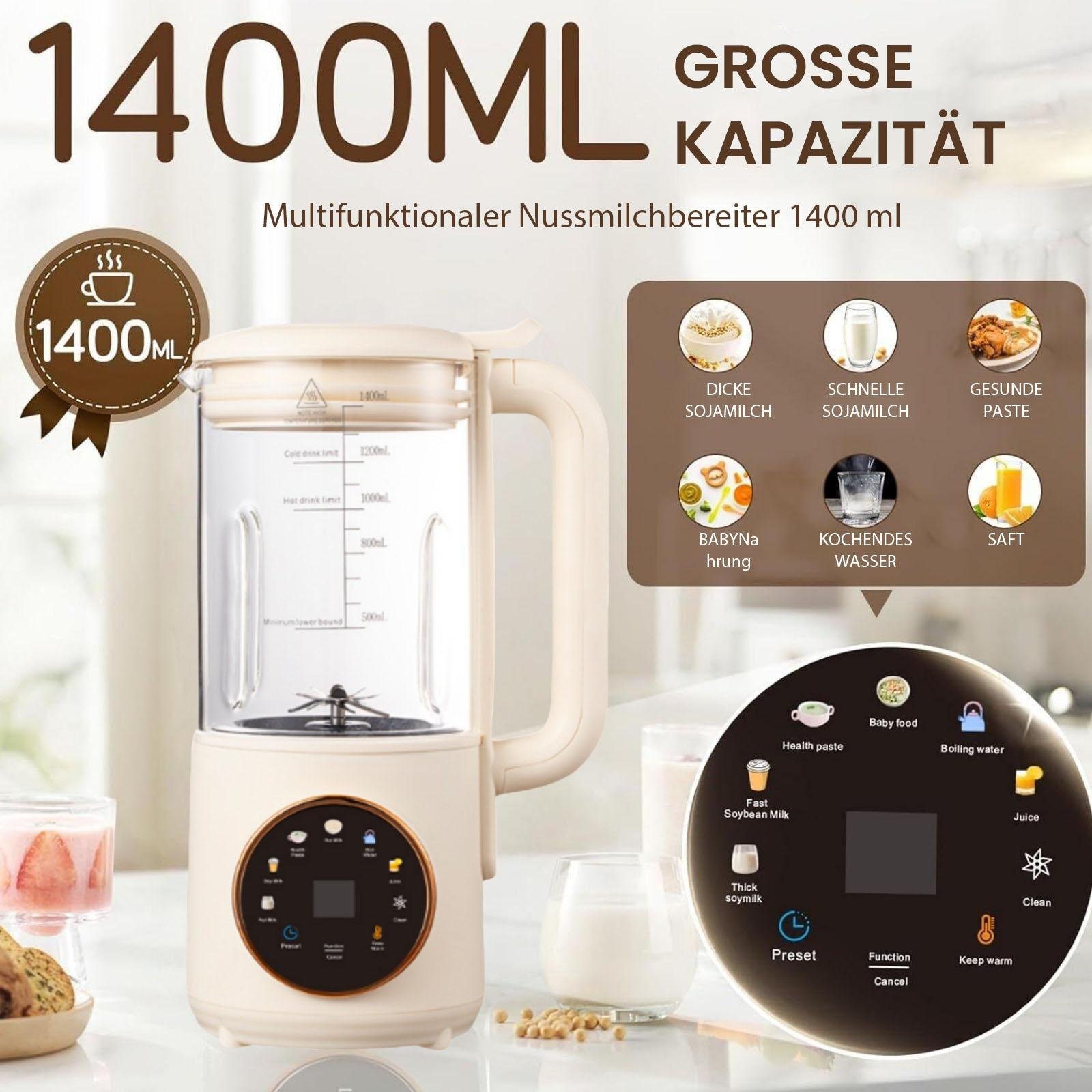 Ein beiger Nussmilchbereiter mit großem Fassungsvermögen, der Funktionen wie Saft und Reinigung anzeigt. Er hat einen transparenten Behälter mit Messungen.