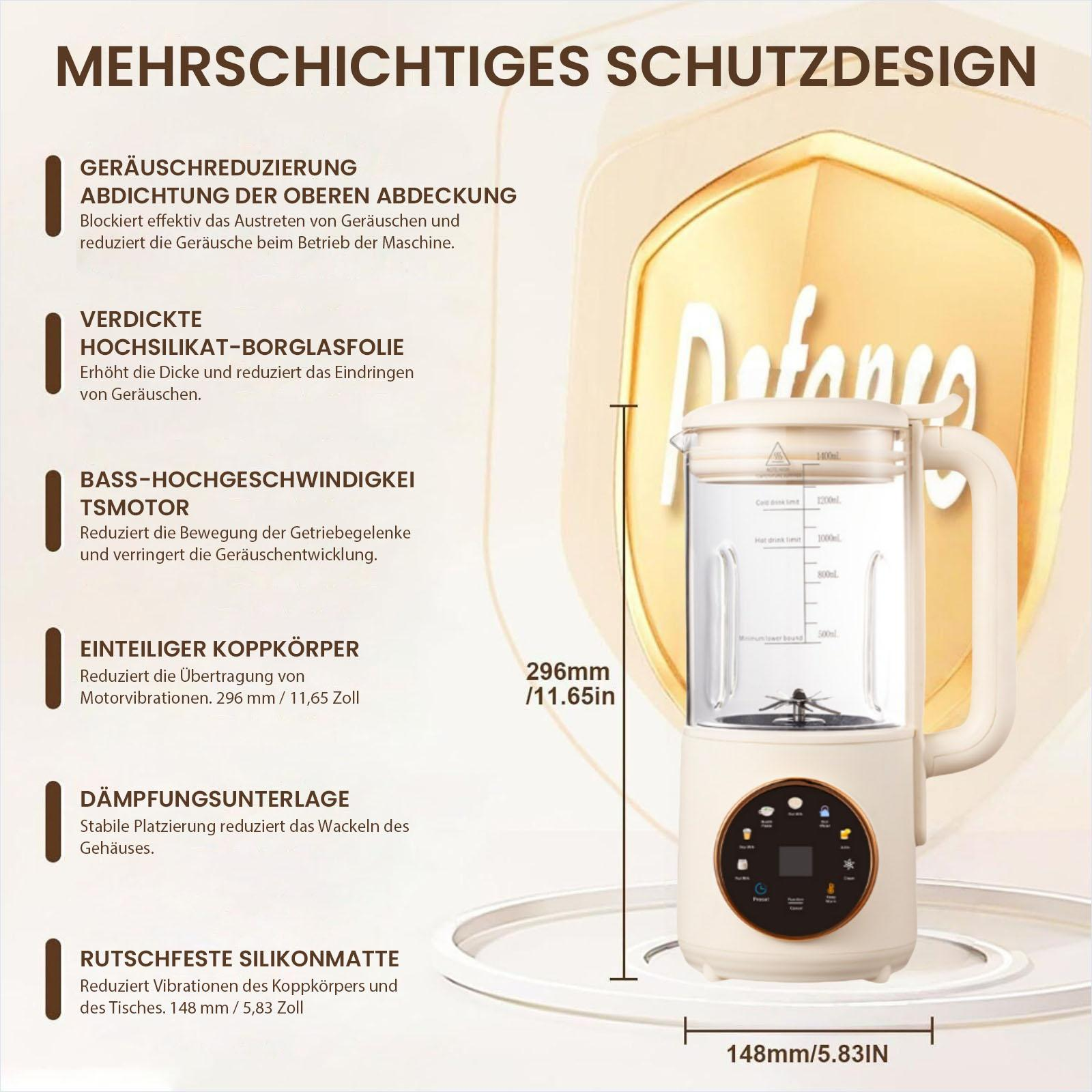 Ein beiger Mixer mit transparentem Behälter, der Messungen anzeigt. Der Text beschreibt Geräuschreduzierungsmerkmale und Abmessungen.