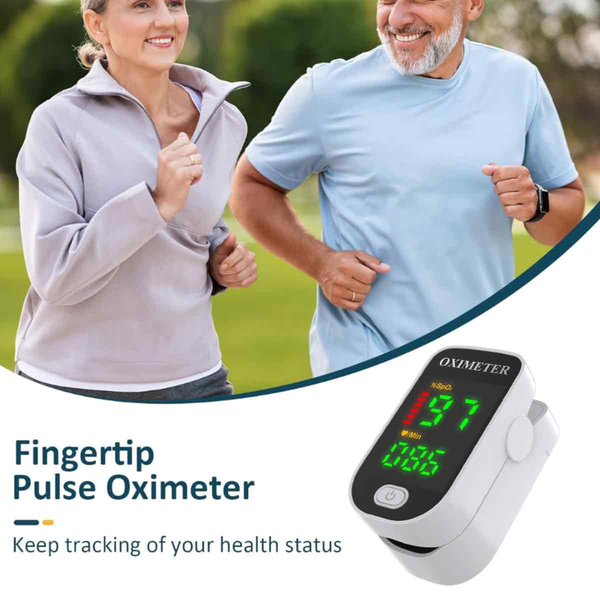 Zwei Personen joggen. Ein Pulsoximeter zeigt Messwerte an. Text: Fingertip Pulse Oximeter, Behalten Sie Ihren Gesundheitszustand im Auge.
