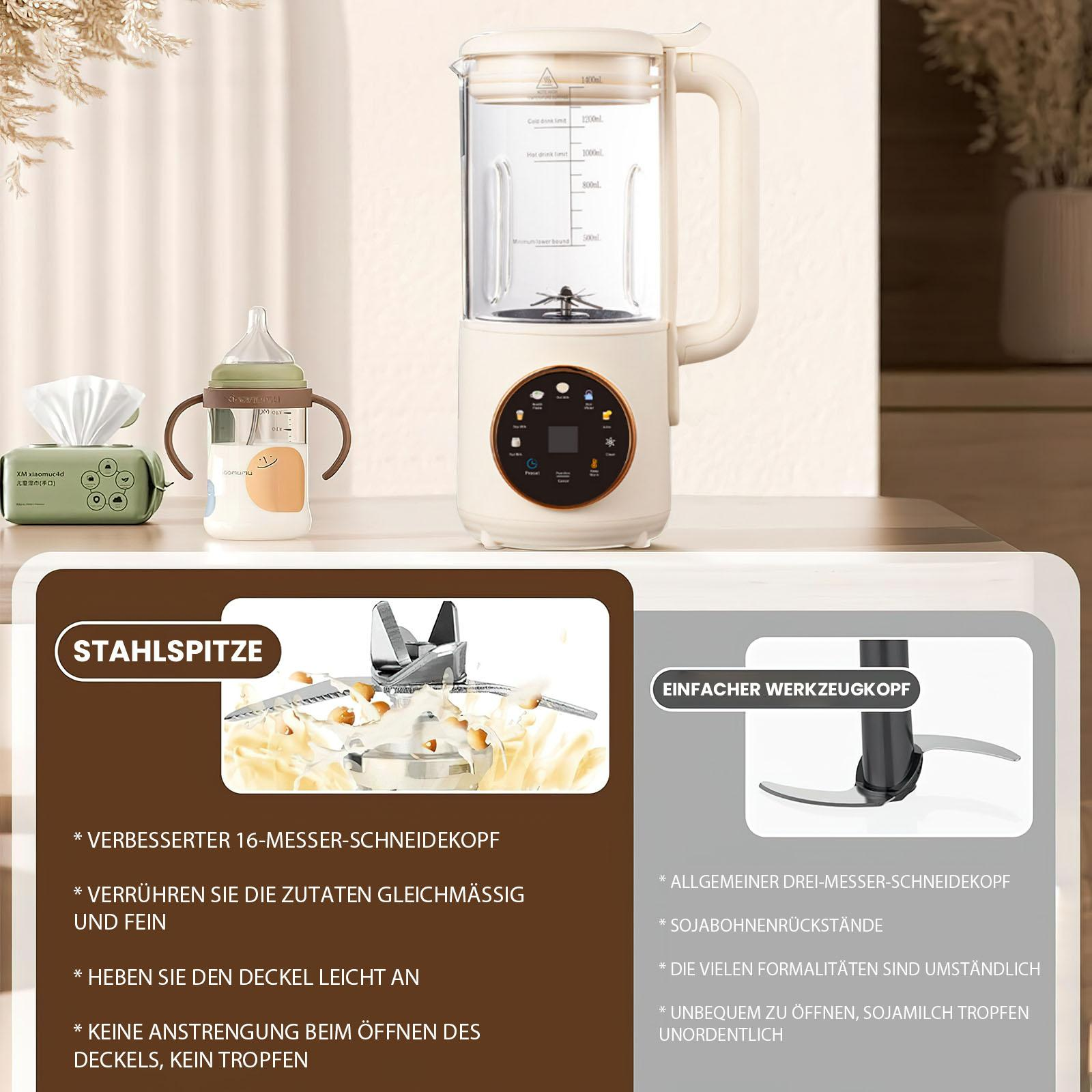 Ein Mixer mit Babyflasche und Taschentüchern links. Der Mixer hat eine cremefarbene Basis und einen transparenten Behälter.