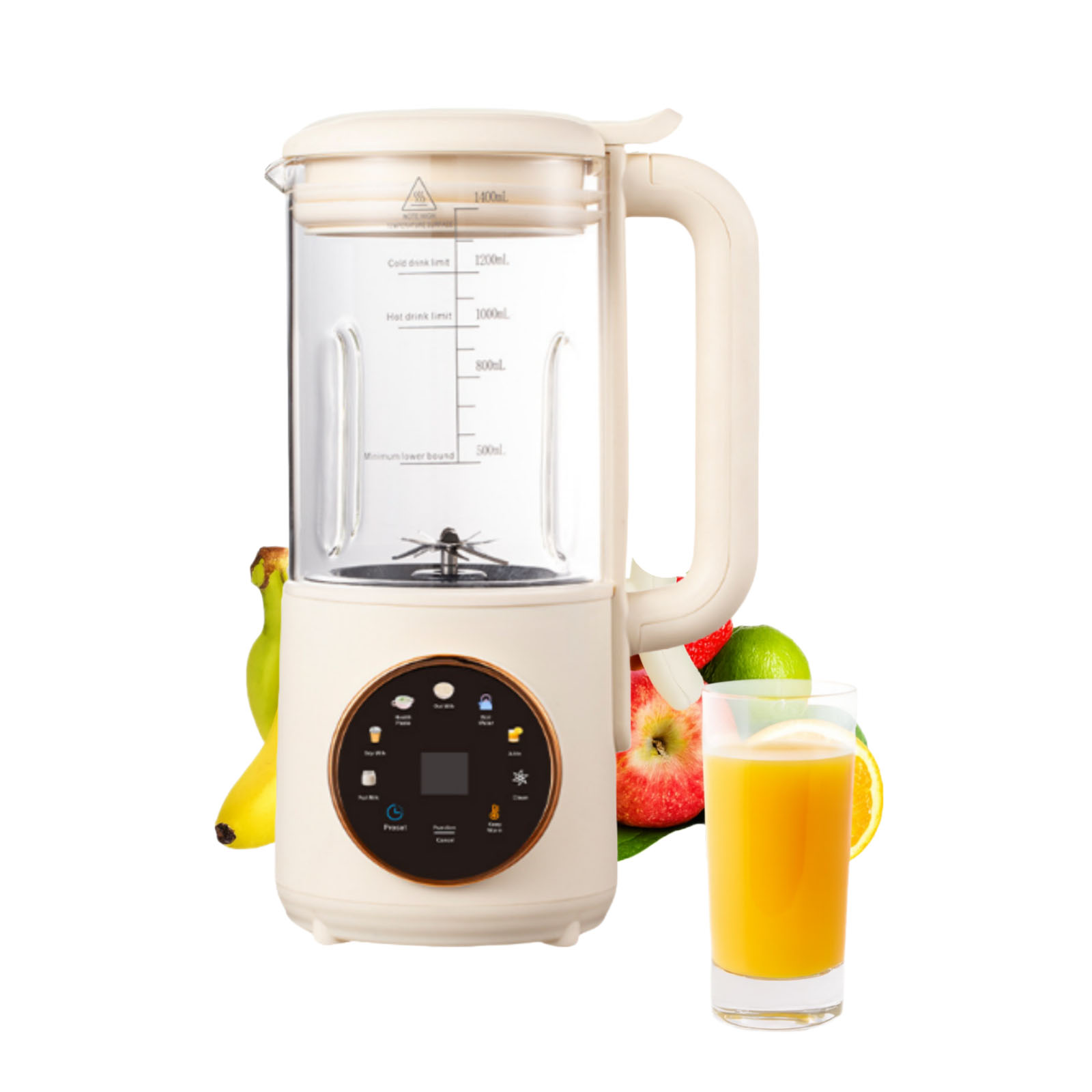 Mixer mit Früchten und einem Glas Saft. Der Mixer ist beige. Zu den Früchten gehören Apfel, Limette, Banane und Erdbeeren.