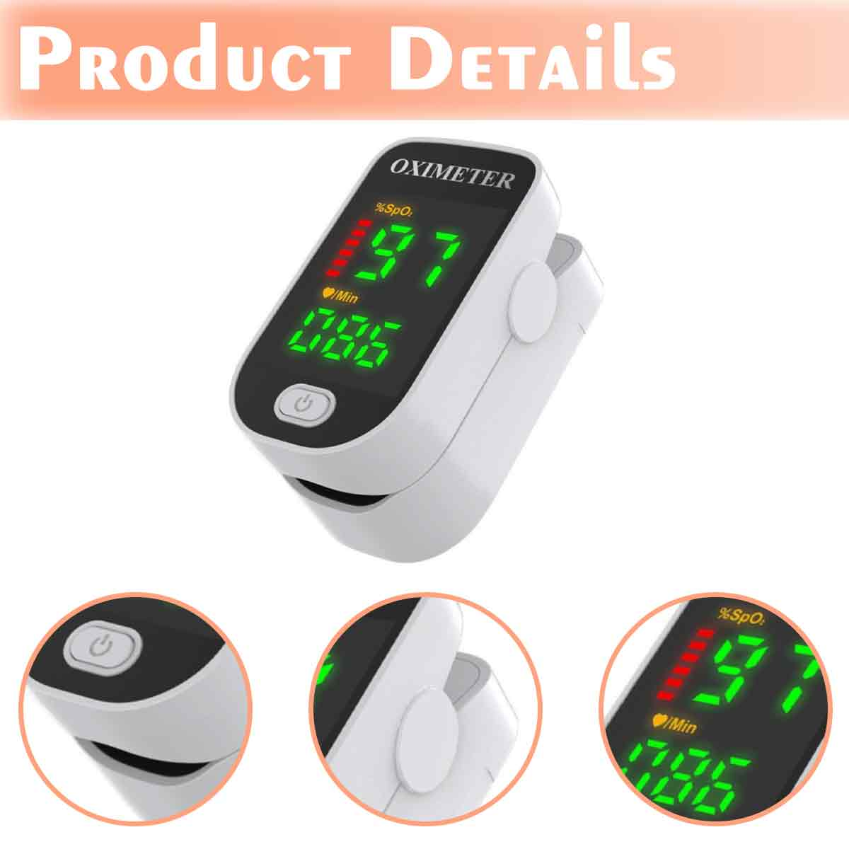 Weißes Oximeter zeigt SpO2 und Pulsfrequenz. Das Display hat grüne Zahlen auf schwarzem Hintergrund. Produktdetails Text steht oben.